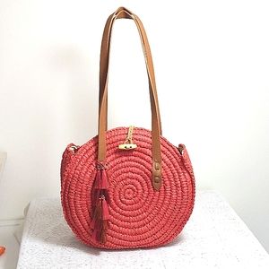 Women Bag Straw purse. Redish orangish pinkish color. Women Accessories Straw
